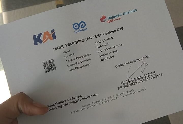 sertifikat hasil pemeriksaan GeNose (foto: Nuzul DM)